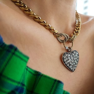 Crystal Heart Necklace, Gold Chain Necklace, Cuban Link Chain, Gold Filled Necklace, Swarovski Crystal, Necklaces for Women,Handmade Jewelry