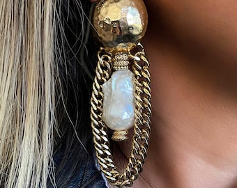Baroque Pearl Drop Earrings, Baroque Pearl Jewelry, Dangle Earrings, Chain Earrings, Handmade Jewelry