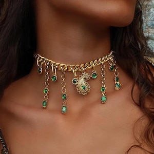 Gold Choker Necklace, Cuban Link Chain, Gold Charm Necklace, Jade Necklace, Statement Necklace, Gold Chain Necklace, Handmade Jewelry