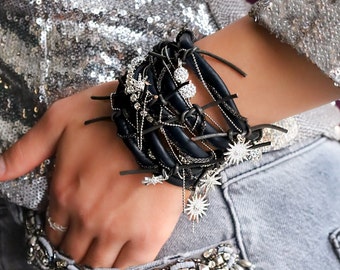 Schwarzes Leder Manschette Armband, Swarovski Kristall Armband, Bettelarmband, handgemachter Schmuck