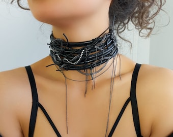 Gargantilla de cuero negro, cristal Swarovski, collar de cuero, gargantilla de cuero, joyería hecha a mano, collar bohemio