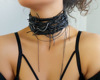 Collana girocollo in pelle nera, cristalli Swarovski, gioiello fatto a mano, collana boho