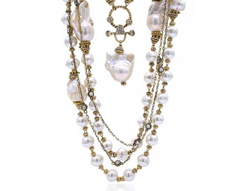 Baroque Pearl Necklace Set, Layered Necklace, Beaded Long Necklace, Crystal Necklace, Gold Filled Necklace