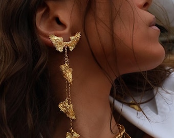 Gold Dangle Earrings, Angel Wings Earrings, Gold Filled Earrings, Dainty Earrings, Handmade Jewelry