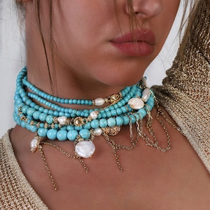 Beaded Turquoise Necklace with Gold Chain, Baroque Pearl Necklace, Layered Necklace, Pearl Choker Necklace, Handmade Jewelry, Gift for Her