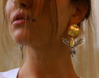 Gold Phoenix Dangle Earrings, Crystal Accent, Handmade Jewelry