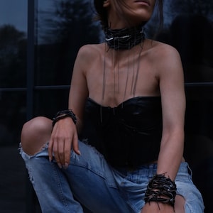 Black Leather Choker with Black Leather Bracelet, Leather Jewelry Set, Collar Choker, Choker Necklace, Boho Jewelry, Handmade Jewelry