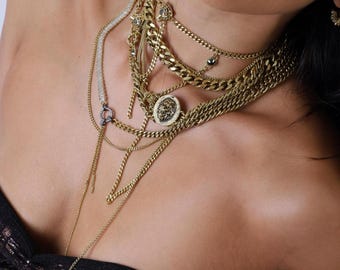 Chunky Gold Charm Necklace, Layered Chain Necklace, Gold Filled Necklace, Crystal Necklace, Handmade Jewelry