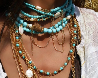 Turquoise ketting met gouden ketting, barokke parelketting, gelaagde ketting, parel choker ketting, handgemaakte sieraden, cadeau voor haar