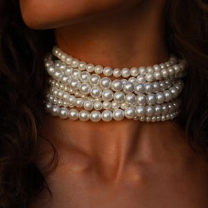 Pearl Choker Necklace, Multi Strand Statement Collar, Bridal Jewelry