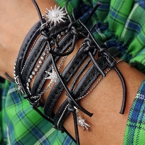 Black Leather Cuff Bracelet, Charm Bracelet, Chain Bracelet, Handmade Bracelet, Silver Bracelet, Handmade Jewelry