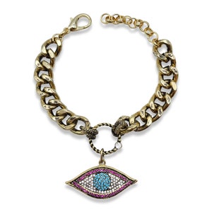 Evil Eye Bracelet, Gold Chain Bracelet, Evil Eye Charm, Cuban Link Chain, Bracelets for Women, Handmade Jewelry