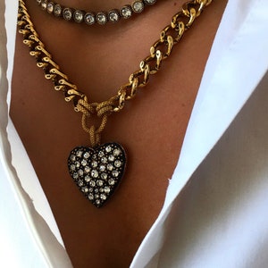 Heart Necklace with Swarovski Crystal, Heart Charm Necklace, Gold Chain Necklace, Cuban Link Chain, Handmade Jewelry, Gift for Her, Mom Gift