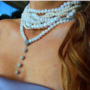 Layered Pearl Necklace with Swarovski Crystal, Beaded Necklace, Layered Necklace, Statement Necklace, Handmade Jewelry, Gift for Her