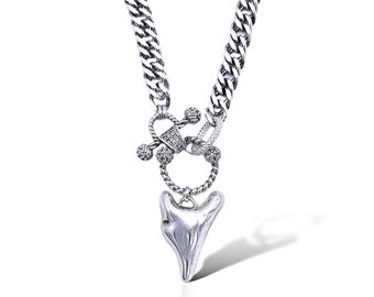 Silver Heart Charm Necklace, Cuban Link Chain, Chunky Chain Necklace, Handmade Jewelry