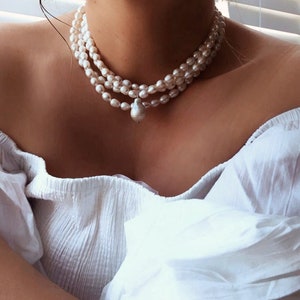 Beaded Pearl Necklace, Baroque Pearl Necklace, Layered Necklace, Statement Necklace, Wedding Pearl Necklace, Handmade Jewerly, Gift for Her