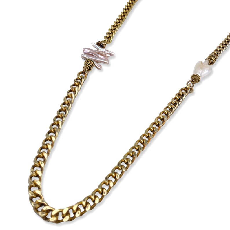 Gold Filled Necklace, Baroque Pearl Necklace, Cuban Link Chain, Gold Chain Necklace, Vintage