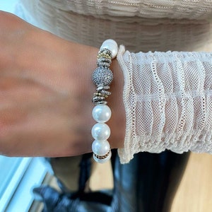Pearl Beaded Bracelet, Pearl Bracelet, Crystal Bracelet, 925 Sterling Silver, Adjustable Bracelet, Bracelets for Women, Handmade Jewelry