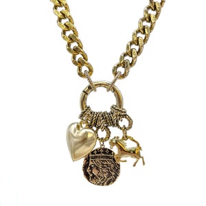 Gold Charm Necklace, Gold Coin Necklace, Heart Necklace, Cuban Link Chain, Gold Filled Necklace, Pendant Necklace, Handmade Jewelry