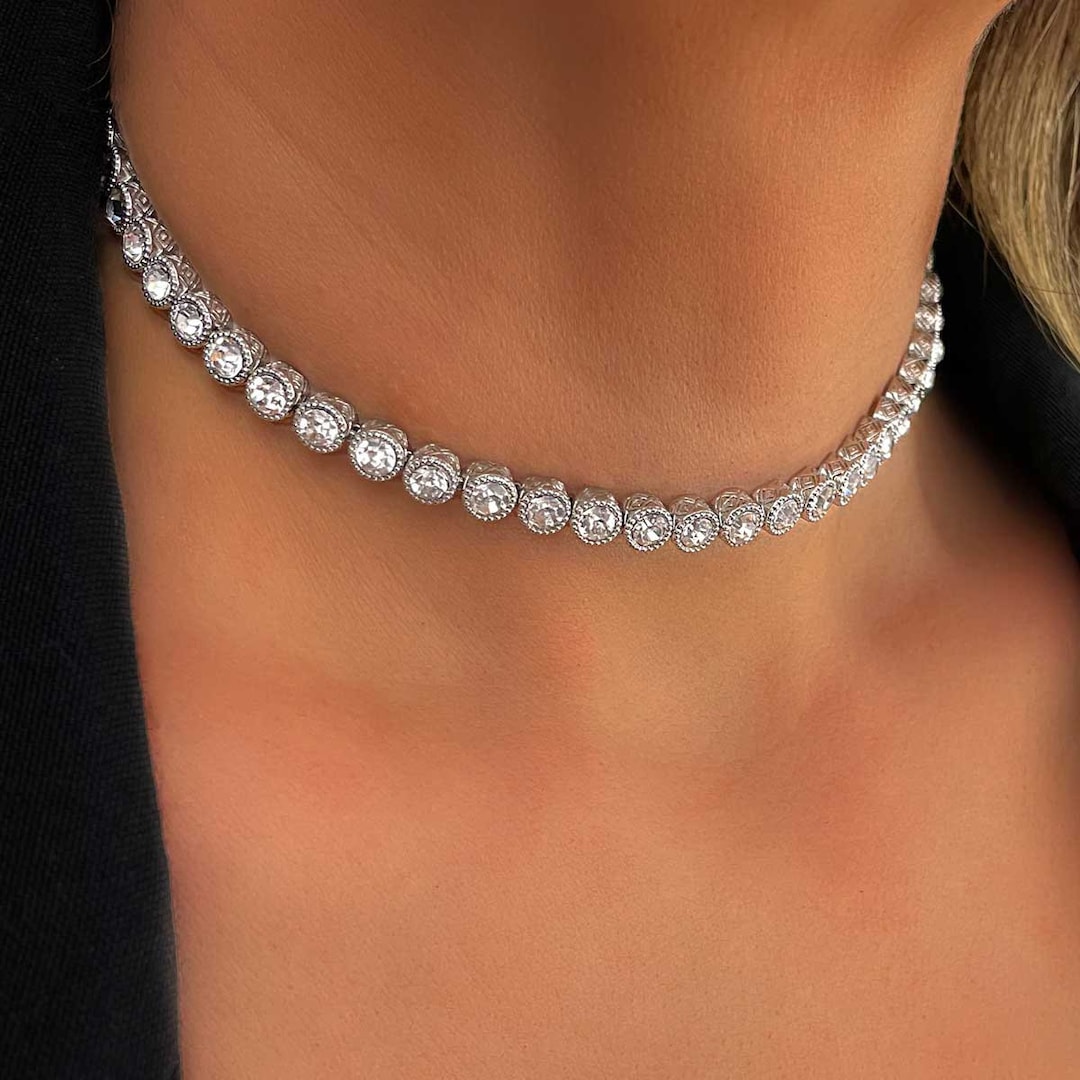 Silver Tennis Necklace, Diamond Necklace, Swarovski Crystal