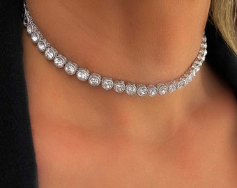 Silver Tennis Necklace, Diamond Necklace, Crystal Necklace, Rhinestone Necklace, Swarovski Crystal, Fine Jewelry, Handmade Jewelry