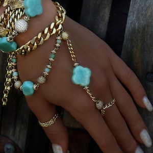 Turquoise Hand Chain Bracelet, Gold Filled Bracelet, Chunky Finger Chain, Gemstone Bracelet, Handmade Jewelry