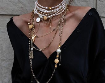 Handmade Baroque Pearl Necklace Set, Gold Plated Chain, Layered Jewelry