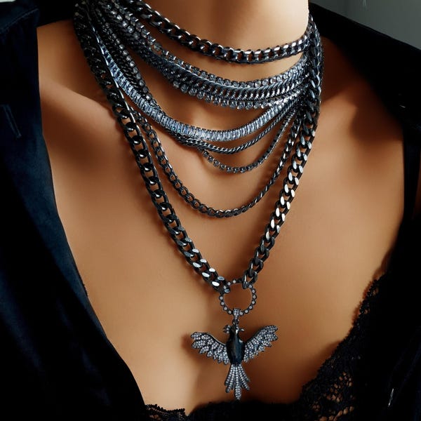 Phoenix Necklace with Crystal Choker, Black Layered Necklace, Tennis Necklace, Chunky Necklace Set, Handmade Jewelry
