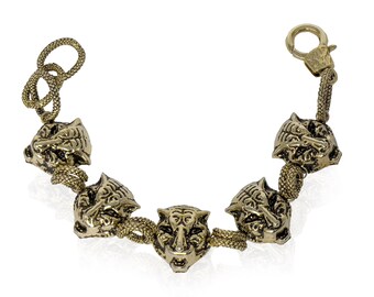 Gold Tiger Charm Bracelet, Animal Pendant, Chunky Chain Bracelet, Handmade Jewelry