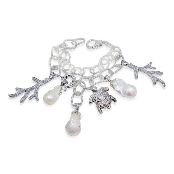 Baroque Pearl Bracelet, Silver Charm Bracelet, Silver Chain