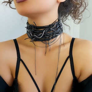 Leather Choker Necklace, Swarovski Crystal, Leather Necklace, Black Choker Necklace, Leather Collar, Handmade Jewelry, Boho Necklace