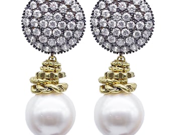 Pearl Drop Earrings, 22K Gold Plated Dangle Earrings with Cubic Zirconia, Handmade Jewelry