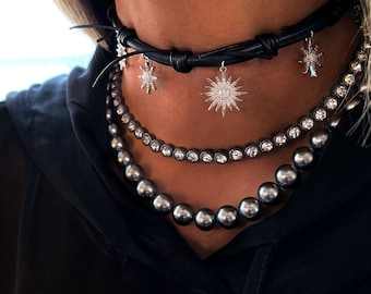 Black Leather Choker Necklace, Silver Charm Necklace, Black Choker Necklace, Star Necklace, Crystal Necklace, Handmade Jewelry, Gift for Her