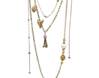 Layered Gold Chain Necklace, Charm Necklace, Pearl Necklace, Long Necklace, Handmade Jewelry, Boho Necklace