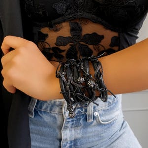 Black Leather Bracelet, Leather Cuff Bracelet, Crystal Bracelet, Bracelets for Women, Chain Bracelet, Genuine Leather, Handmade Jewelry