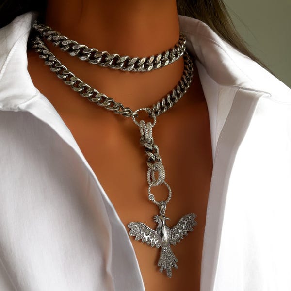 Silver Phoenix Necklace with Chain Choker, Chunky Pendant Necklace, Silver Chain Necklace, Pagan Jewelry