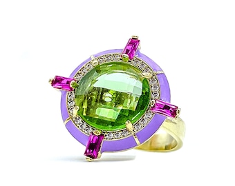 Anello di cristallo verde regolabile, Anello di dichiarazione, Cristallo Swarovski, Anello riempito d'oro, Anello delicato, Gioielli fatti a mano, Gioielleria raffinata