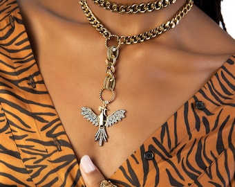 Gold Phoenix Necklace, Cuban Link Chain, Gold Statement Necklace, Gold Filled Necklace, Bird Pendant, Firebird Jewelry, Handmade Jewelry