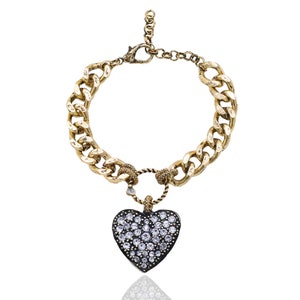 Gold Plated Cuban Link Heart Charm Bracelet - Swarovski Crystal