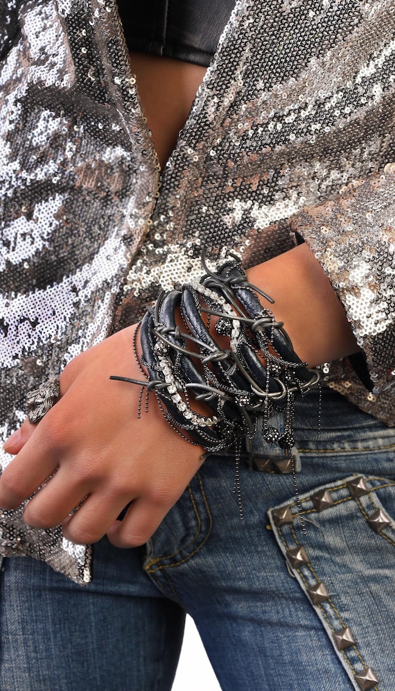 Black Leather Bracelet, Leather Cuff Bracelet, Crystal Bracelet