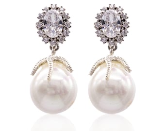 Pearl Drop Earrings with Swarovski Crystal, Silver Earrings, Dangle Earrings, Handmade Jewelry