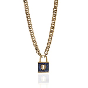 Crystal Lock Pendant Necklace, Gold Filled Necklace, Gold Chain Necklace, Cuban Link Chain, Charm Necklace, Handmade Jewelry, Gift for Her