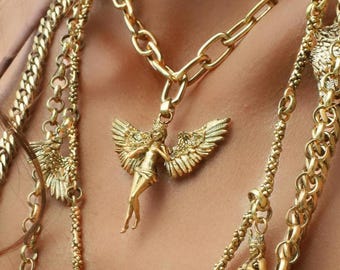 Gold Filled Angel Pendant Necklace, Angel Wings Necklace, Paperclip Chain Necklace, Handmade Jewelry