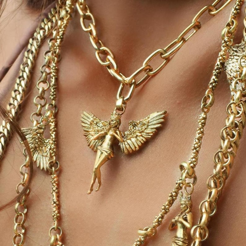 Gold Filled Angel Pendant Necklace, Angel Wings Necklace, Paperclip Chain Necklace, Handmade Jewelry image 1