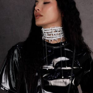 White Leather Choker, Leather Choker Necklace, Collar Choker, Leather Choker Collar, Chain Necklace, Charm Necklace, Handmade Jewelry