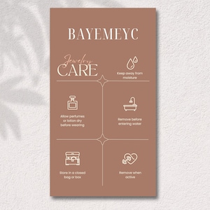 May include: A brown illustrated guide with the text "Jewelry Care" and the brand name "BAYEMEYC". The guide includes four tips for caring for jewelry: keep away from moisture, allow perfumes or lotion to dry before wearing, remove before entering water, and store in a closed bag or box.
