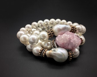 Baroque Pearl and Agate Stone Combine Bracelet, Pearl Bracelet, Agate Stone, Natural Stone, Gift for Her, Handmade Jewelry, Bridesmaid Pearl