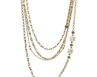 Gold Layered Pearl Necklace, Multi Strand Chain Necklace, Baroque Pearl, Handmade Jewelry