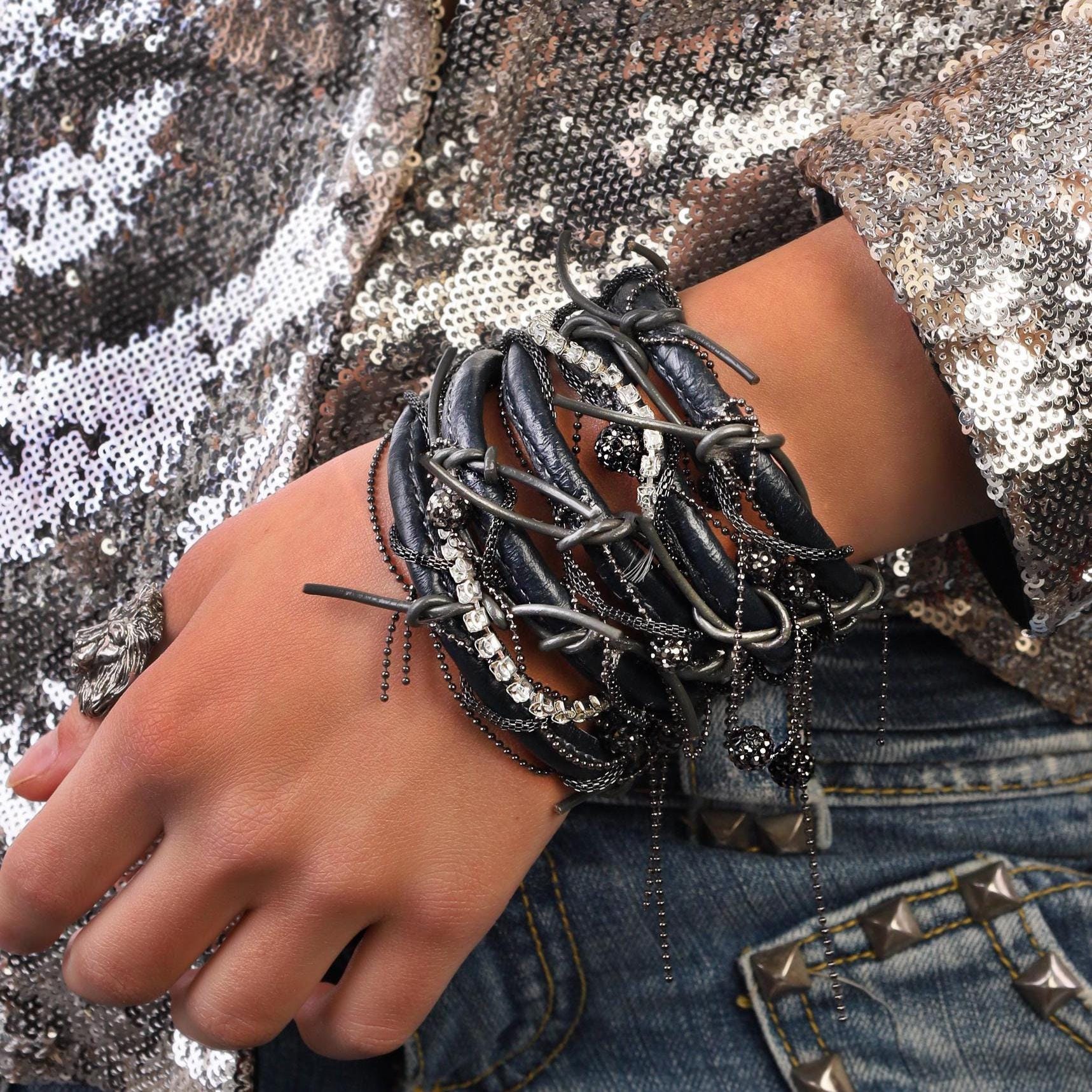 Swarovski leather bracelets - Etsy 日本