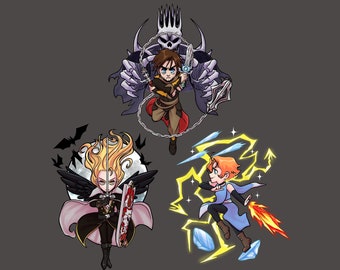 May include: A digital illustration of three characters from a video game. The first character is a man with brown hair and a blue shirt, standing in front of a skeletal figure with a crown. The second character is a woman with long blonde hair and a black and red outfit, holding a sword. The third character is a man with orange hair and a blue shirt, standing in front of a yellow lightning bolt.